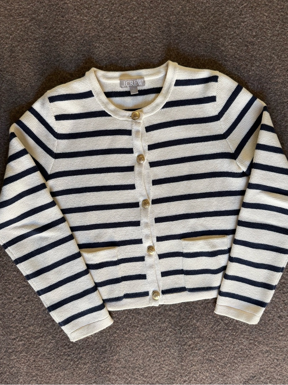 J. Crew Emilie Lady Sweater Jacket in Ivory and Navy Stripe, Size S